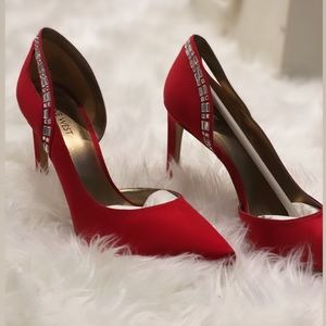 Red Satin Shoes with rhinestones lining the back